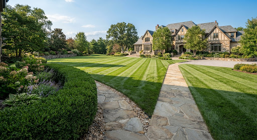 Green lawn framed by mature landscaping